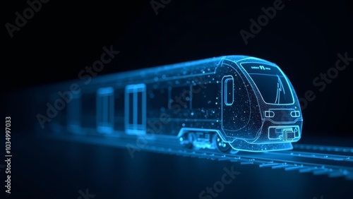 fast train hologram with blue light particles on dark background