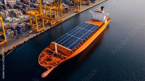 Logistic system by Solar Powered Cargo Ship Docked at Eco Friendly Port photo