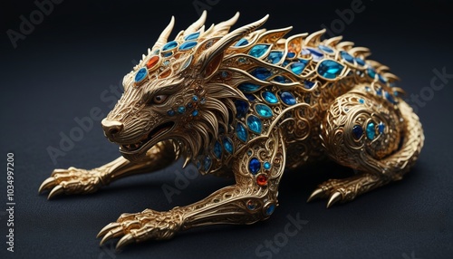 An intricately designed brooch shaped like a mythical beast, resting on a dark fabric, showcasing its craftsmanship and beauty, Generative AI photo