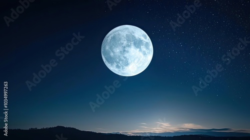 A stunning full moon shines brightly in the night sky, illuminating the tranquil landscape below, surrounded by twinkling stars.