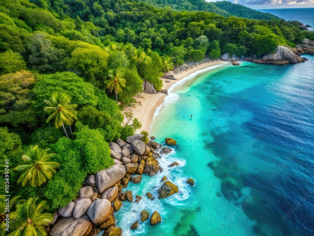 Stunning aerial shot of Anse Lazio Beach, highlighting its crystal-clear turquoise waters and rich greenery, depicting the enchanting allure of Seychelles' tropical environment. Stunning aerial shot of Anse Lazio Beach, highlighting its crystal-clear turquoise waters and rich greenery, depicting the enchanting allure of Seychelles' tropical environment.
