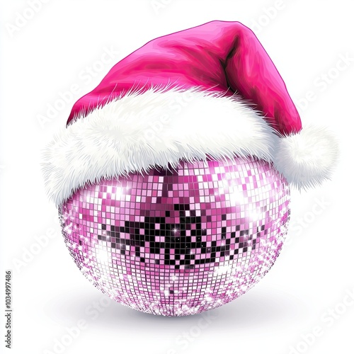 Disco ball wearing pink Santa hat illustration, Illustration of a silver disco ball wearing a pink Santa hat, combining Christmas holiday themes with party and festive vibes.

