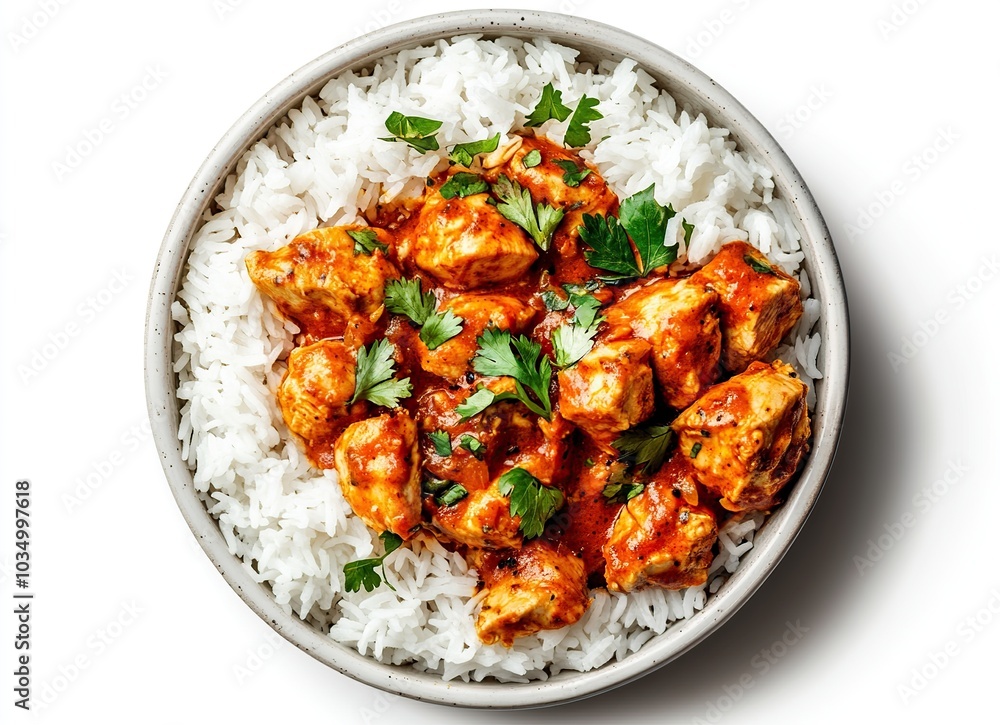 Delicious chicken tikka masala with fluffy white rice, garnished with fresh cilantro. Delicious chicken tikka masala with fluffy white rice, garnished with fresh cilantro.