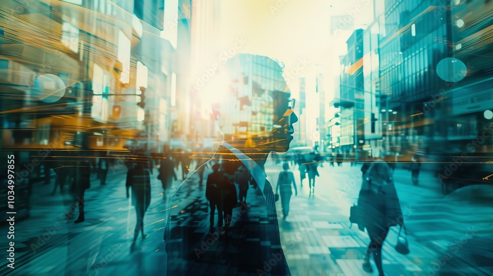 A futuristic multiple exposure image exploring the intersection of time and action in a businessman's life. A futuristic multiple exposure image exploring the intersection of time and action in a businessman's life.