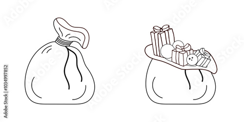 Santa Claus bag, sack with gifts. Black and white vector illustration. Black line style, outline, doodle. New Year, Christmas gifts. Bag tied with rope and bag filled with gift boxes. Coloring book.