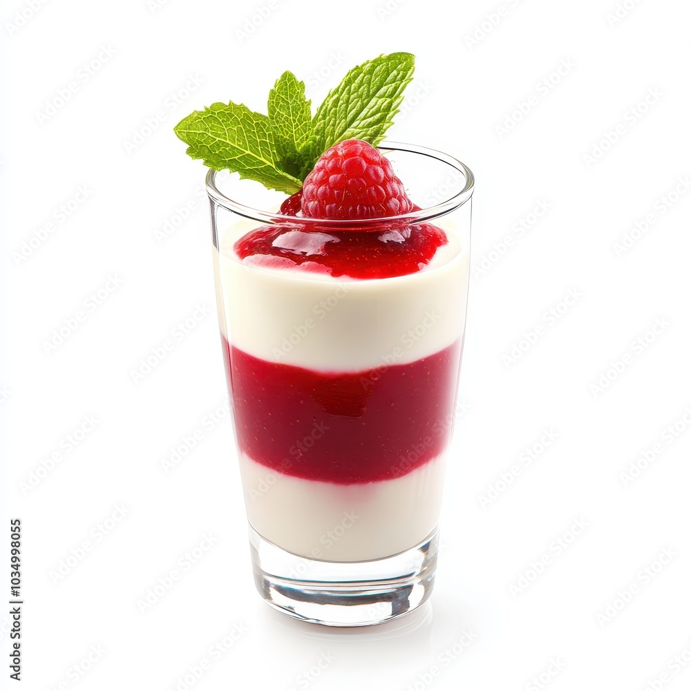 Panna cotta with raspberries and mint isolated on white background Panna cotta with raspberries and mint isolated on white background