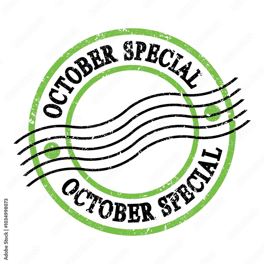 OCTOBER SPECIAL, text on green-black grungy postal stamp. OCTOBER SPECIAL, text on green-black grungy postal stamp.
