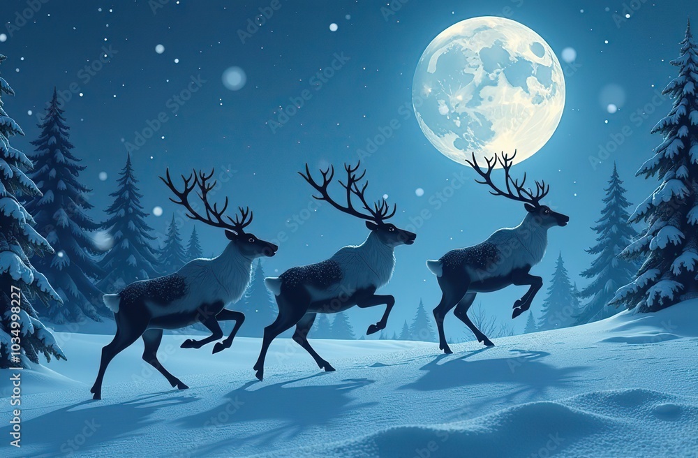 Three reindeer silhouettes leap across a snowy forest under a full moon with falling snow. Three reindeer silhouettes leap across a snowy forest under a full moon with falling snow.
