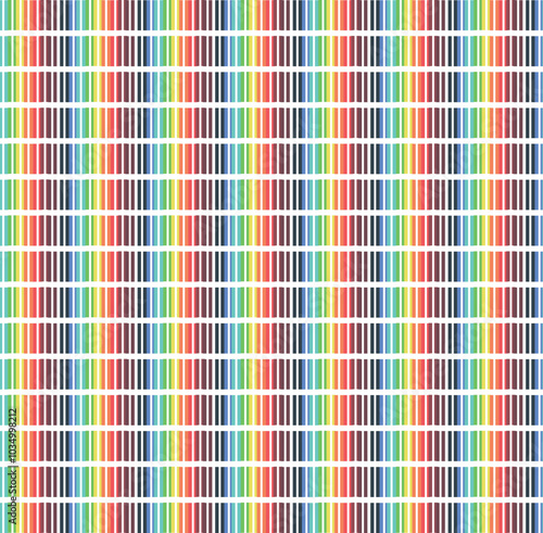 Short and vertical colored stripes form rainbow rows. Simulation of solar light spectrum in astronomical or analytical visualizations.