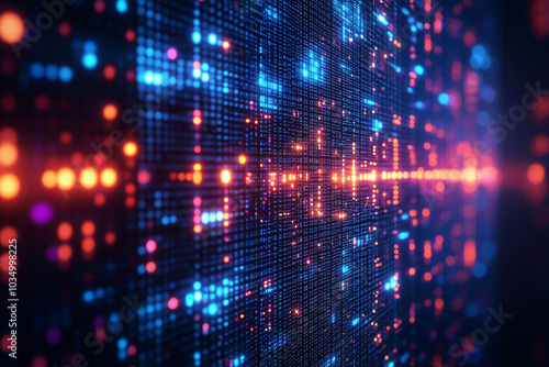 Colorful abstract digital light display with illuminated patterns and glowing effects in a futuristic design setting