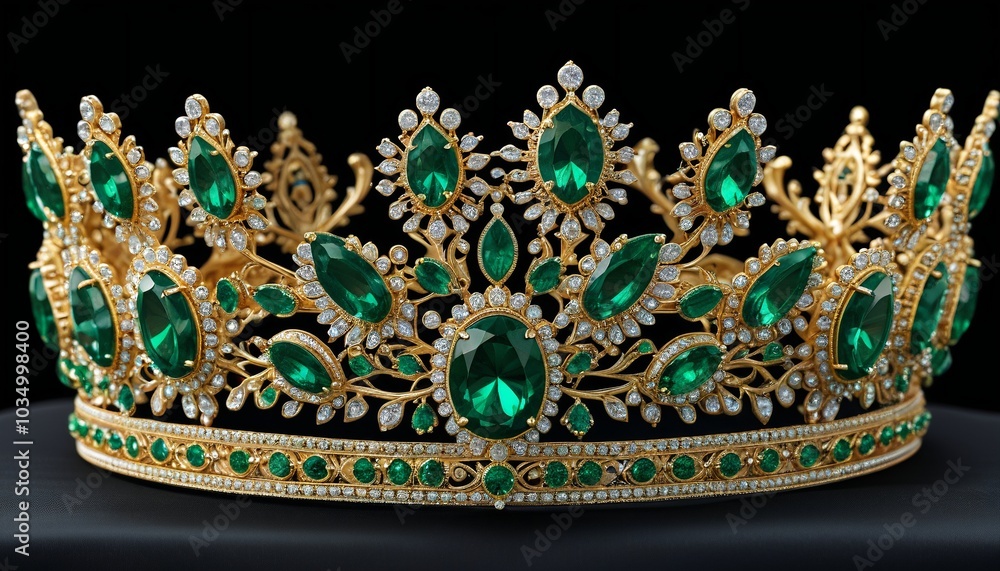 An intricately designed tiara set with emeralds, resting on a black silk cloth, embodying royalty and grace, Generative AI An intricately designed tiara set with emeralds, resting on a black silk cloth, embodying royalty and grace, Generative AI