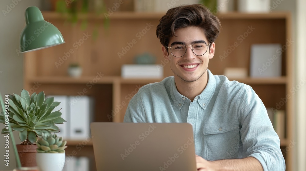 The Young Man Working Smiling The Young Man Working Smiling