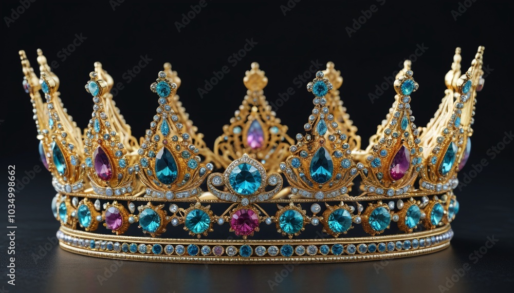 Obraz premium An ornate crown set with sparkling jewels, laid on a dark surface, representing sovereignty and power, Generative AI