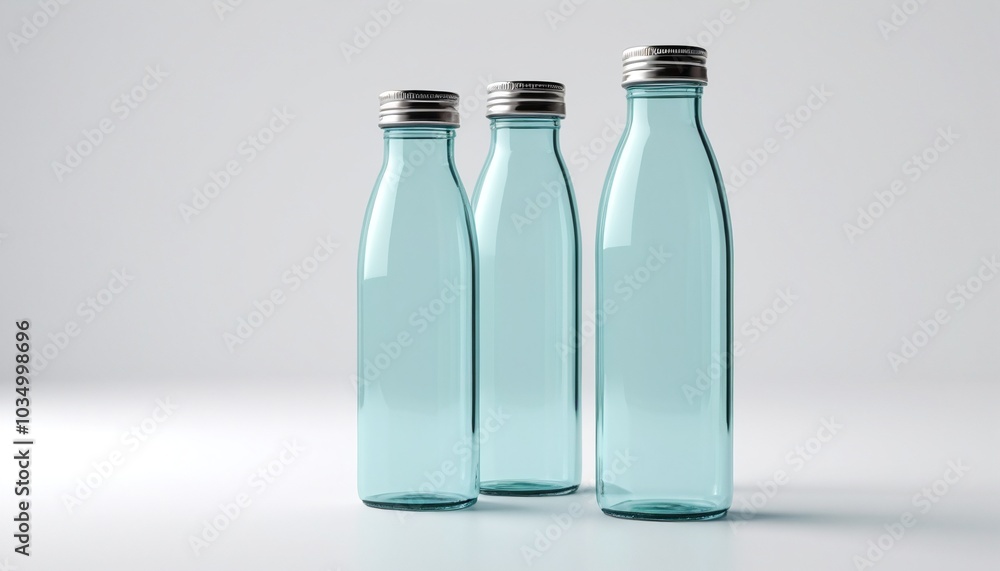 A minimalist model of a glass water bottle with a metal cap on a plain white surface, promoting eco-friendly products, Generative AI A minimalist model of a glass water bottle with a metal cap on a plain white surface, promoting eco-friendly products, Generative AI