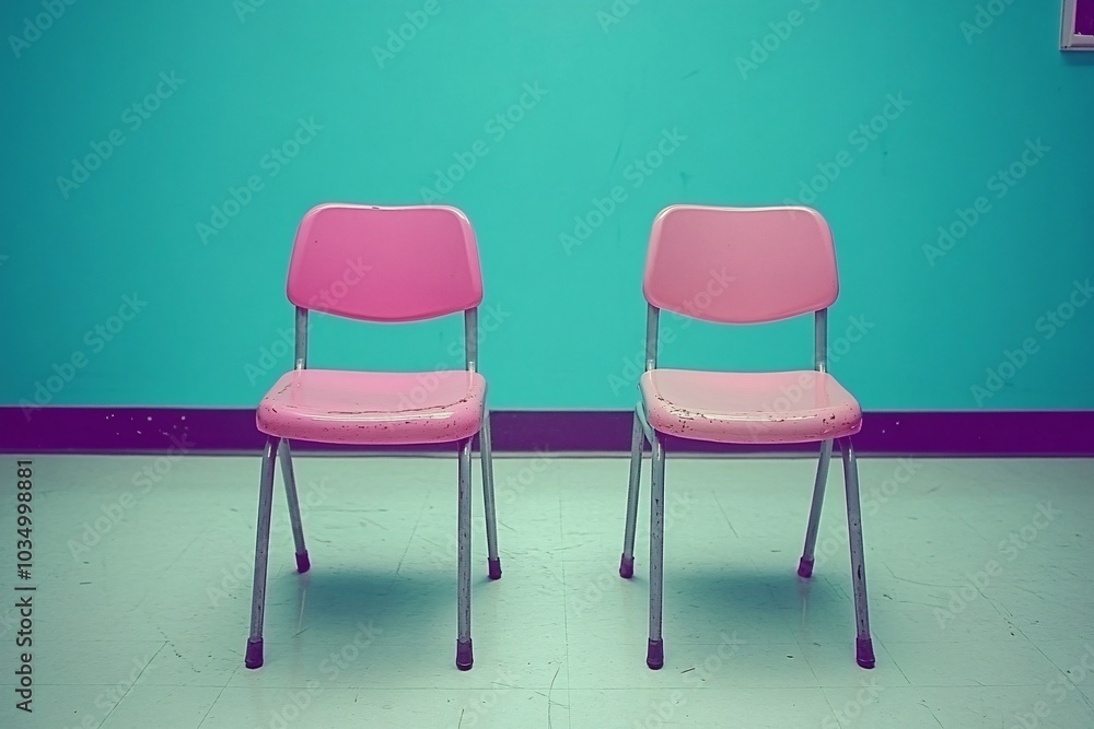 Obraz premium Two Pink Chairs Against a Blue Wall: Minimalist Interior Design