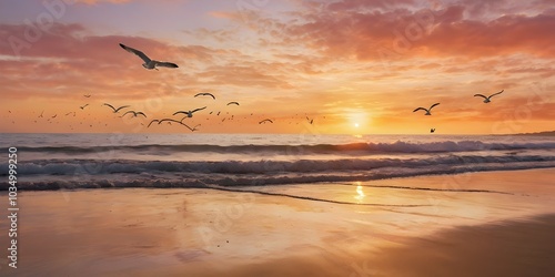 Serene Beach Sunset with Seagulls