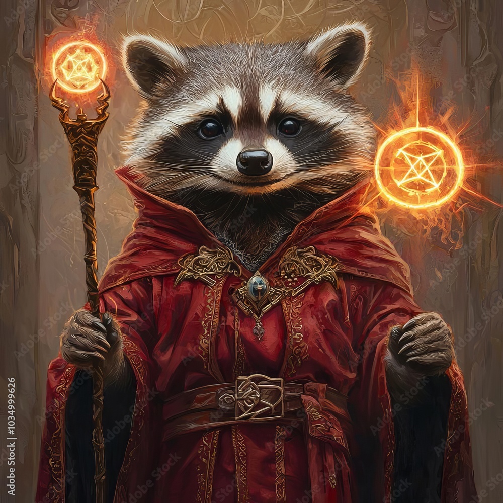 Cute raccoon wizard casting spells with glowing symbols, wearing a red magical robe, holding a radiant staff, fantasy scene with vibrant colors and mystical atmosphere Cute raccoon wizard casting spells with glowing symbols, wearing a red magical robe, holding a radiant staff, fantasy scene with vibrant colors and mystical atmosphere