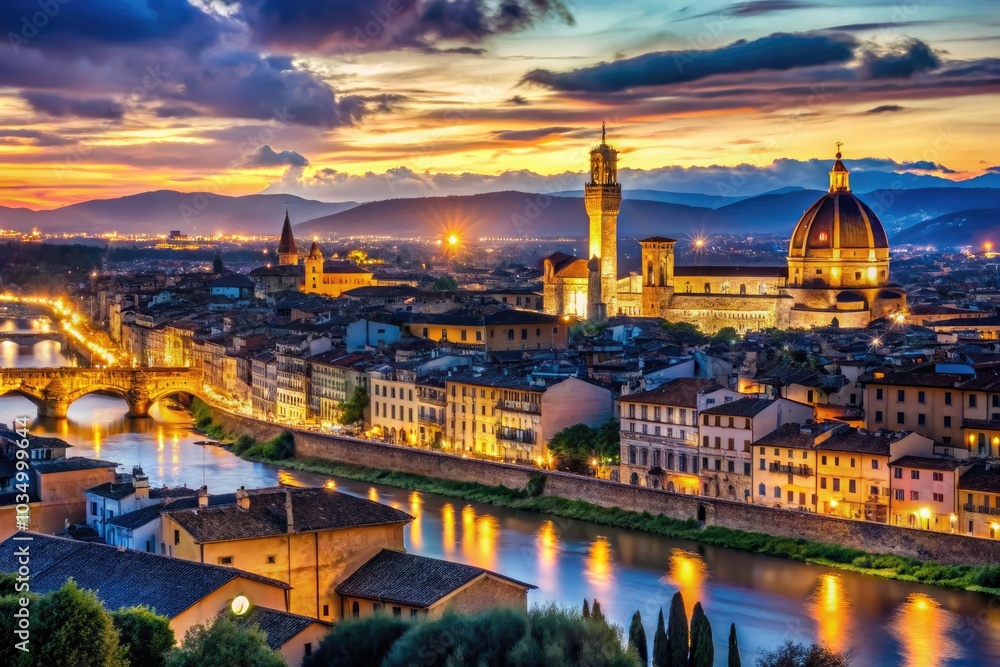 Fototapeta premium Stunning Florence skyline at night with the Arno River shimmering, revealing the magical beauty and illuminated architecture of Tuscany, Italy's historical jewel.