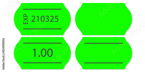 Self-adhesive green neon paper price tag with two stripes. Blank price label. Green sticker to indicate the expiration date. Vector illustration isolated on white background.