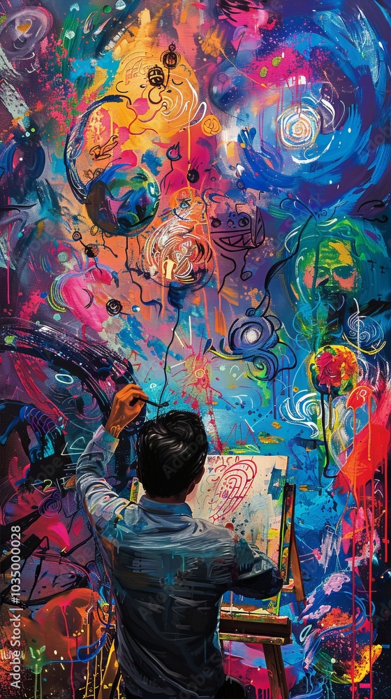 A vibrant artist creating art with art icons and symbols floating around, representing creativity and expression. A vibrant artist creating art with art icons and symbols floating around, representing creativity and expression.