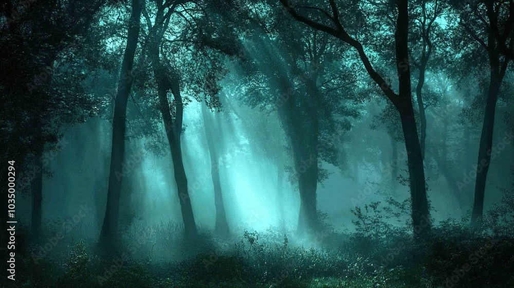 Mystical Forest with Soft Light and Foggy Atmosphere Mystical Forest with Soft Light and Foggy Atmosphere