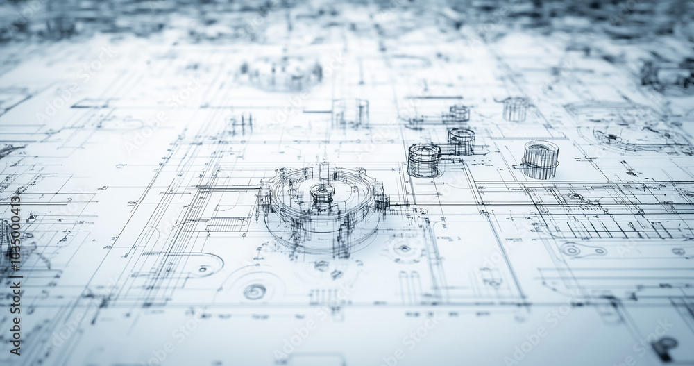 Technical drawing showing various mechanical parts and industrial components arranged in a systematic blueprint for construction. Technical drawing showing various mechanical parts and industrial components arranged in a systematic blueprint for construction.