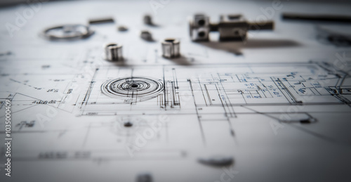 Complex industrial drawing depicting machine components and tools on a technical blueprint, emphasizing detail and precision.