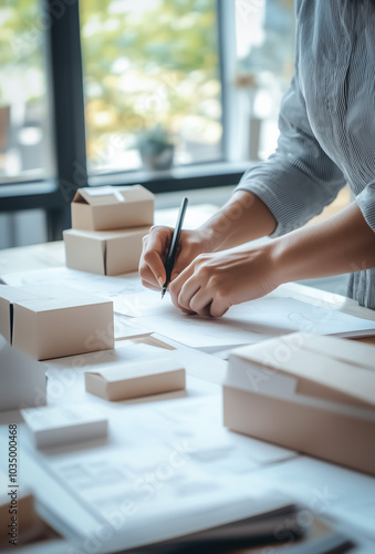 A product designer sketches creative packaging prototypes on a table, surrounded by paper boxes and design materials in a bright, modern workspace. The scene emphasizes innovation and craftsmanship.