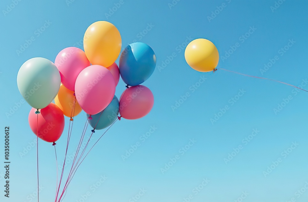 Brightly colored balloons and confetti floating in a blue sky Brightly colored balloons and confetti floating in a blue sky