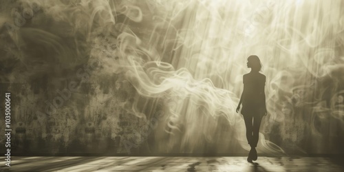 Mysterious Silhouette of Woman Walking Through Smoky Light in Atmospheric Setting..