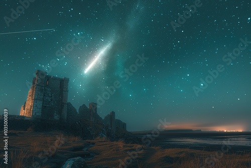 Ruins of a stone castle under a night sky with a bright meteor and the Milky Way.