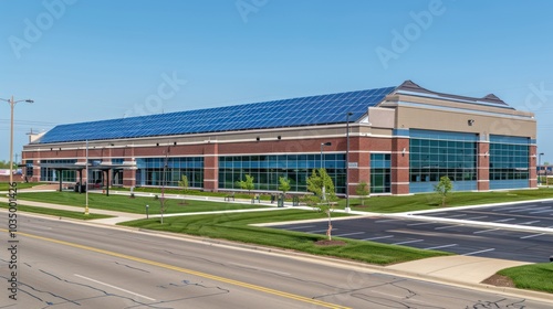 Modern Brick Building with Solar Panels and Parking Lot