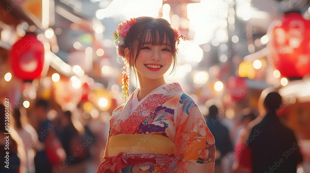 Smiling Woman in Traditional Kimono with Flowers in Hair Posing at Festival in Japan Smiling Woman in Traditional Kimono with Flowers in Hair Posing at Festival in Japan