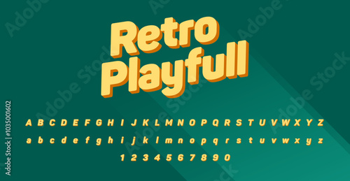 This bold, retro-inspired typeface features rounded, compact letters with a 3D yellow fill and orange shadow, ideal for playful, vibrant headings and gaming designs.