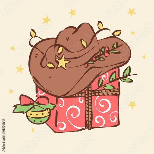 Christmas Gift with Cowboy Hat and Ornament Vector