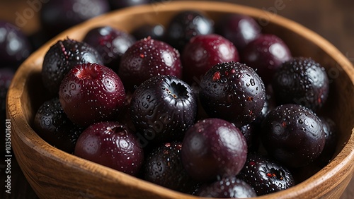 Wallpaper Mural A close-up of nutrient-rich Brazilian açaí berries in a rustic wooden bowl, showcasing their deep purple hue and superfood status. Torontodigital.ca