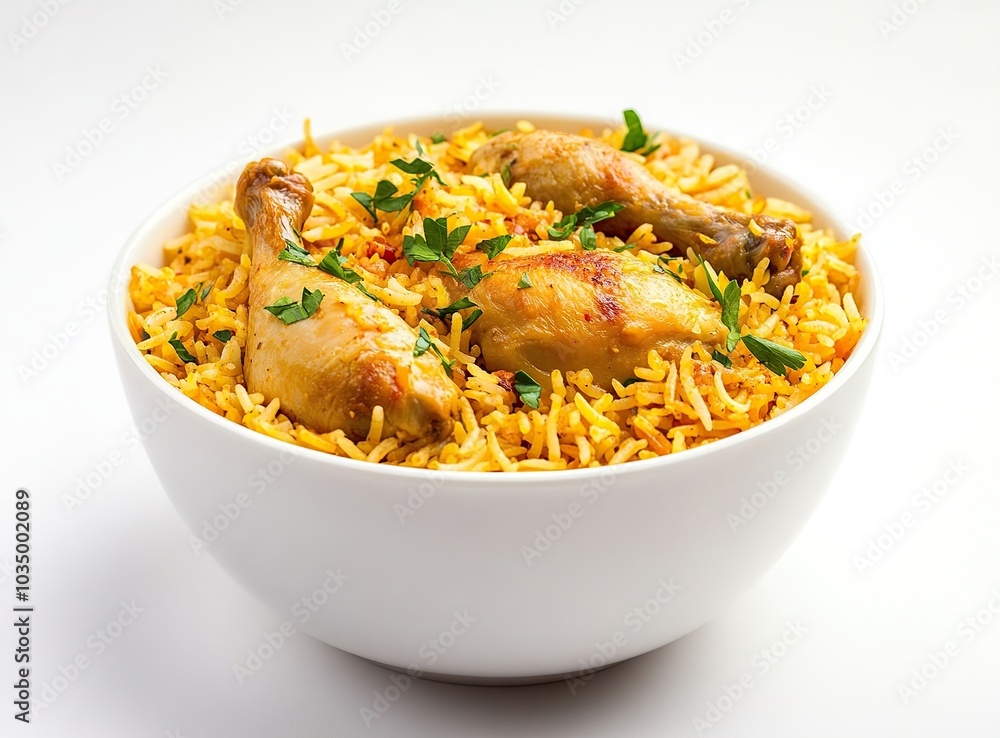 Delicious chicken biryani in a white bowl. Delicious chicken biryani in a white bowl.