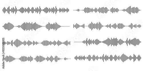 Set of voice message equalizer. Voice sound line with broken lines isolated on white background. Vortex, sonar wave, soundwave, sunburst, signal signs. Vector graphic illustration