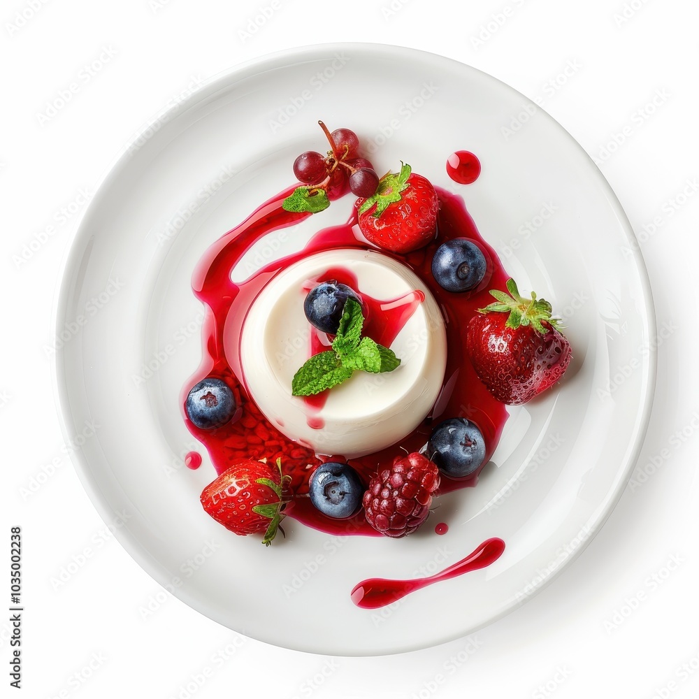 Panna cotta with raspberries and mint isolated on white background Panna cotta with raspberries and mint isolated on white background