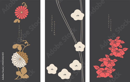 Japanese background with Asian traditional icon vector. Cherry blossom and peony flower, wave pattern, bamboo and ribbon elements. Geometric pattern in vintage style.