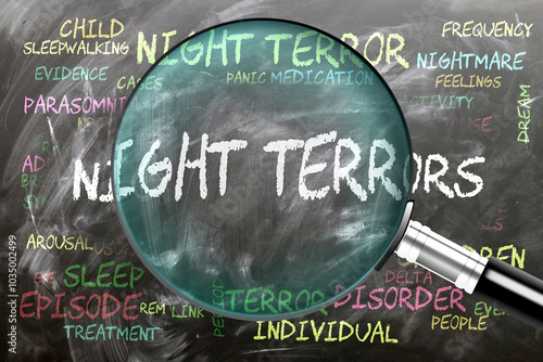 Night Terrors being studied, examined - under close inspection. Most important subjects and ideas closely related to night terrors. ,3d illustration