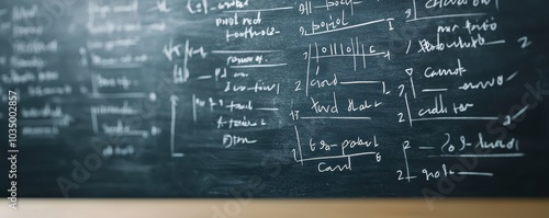 Abstract background with complex white chalkboard equations, layered and detailed, sharp focus and deep depth of field 