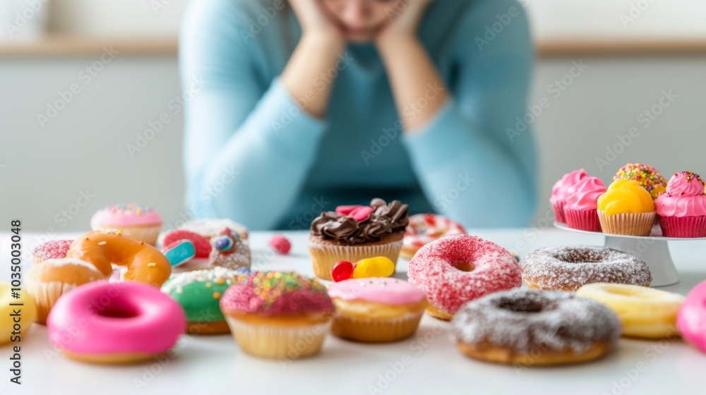 A Sad Person Sitting Amidst Sugary Foods, Reflecting on the Struggle Between Indulgence and Emotional Well-being, Highlighting the Intricate Balance of Comfort and Self-care. A Sad Person Sitting Amidst Sugary Foods, Reflecting on the Struggle Between Indulgence and Emotional Well-being, Highlighting the Intricate Balance of Comfort and Self-care.