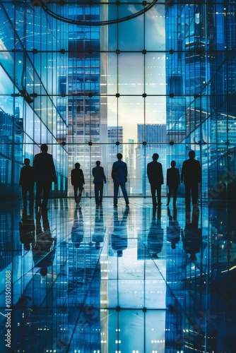 Silhouetted Business Professionals Walking in Modern Glass Office Building with Cityscape Reflections