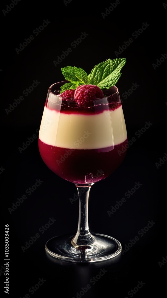 Delicious panna cotta with raspberries and mint on black background Delicious panna cotta with raspberries and mint on black background