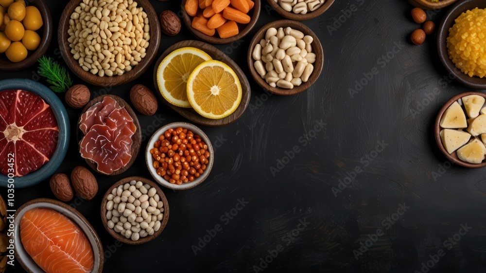 A variety of healthy foods arranged in bowls on a dark surface. The foods include salmon, grapefruit, lemon, carrots, nuts, seeds, and beans. There is a copy space on the right side of the image. A variety of healthy foods arranged in bowls on a dark surface. The foods include salmon, grapefruit, lemon, carrots, nuts, seeds, and beans. There is a copy space on the right side of the image.