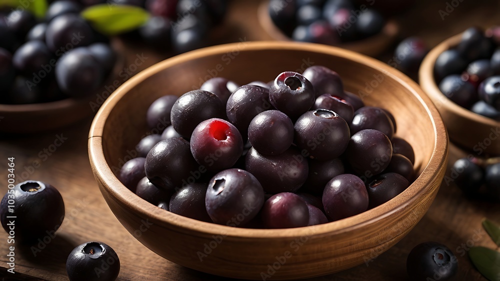 A close-up of nutrient-rich Brazilian açaí berries in a rustic wooden bowl, showcasing their deep purple hue and superfood status. A close-up of nutrient-rich Brazilian açaí berries in a rustic wooden bowl, showcasing their deep purple hue and superfood status.