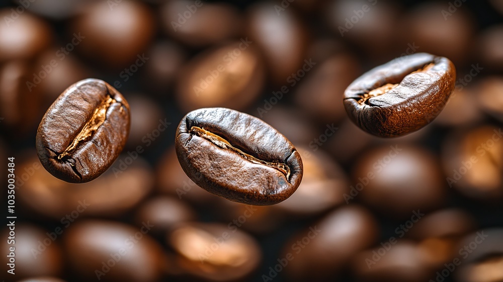 Fototapeta premium This image captures a close-up view of roasted coffee beans, revealing their rich texture and dark color, showcasing them in a visually appealing manner.