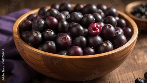 A close-up of nutrient-rich Brazilian açaí berries in a rustic wooden bowl, showcasing their deep purple hue and superfood status.