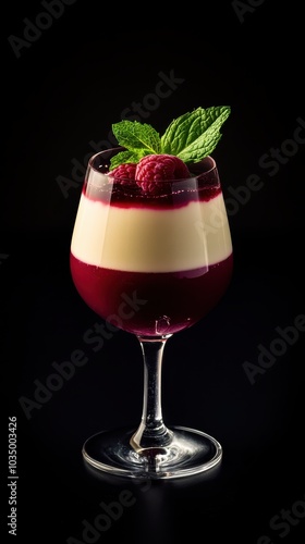 Delicious panna cotta with raspberries and mint on black background